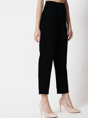 Kotty Women Black Comfort Straight Fit High-Rise Easy Wash Pleated Trousers