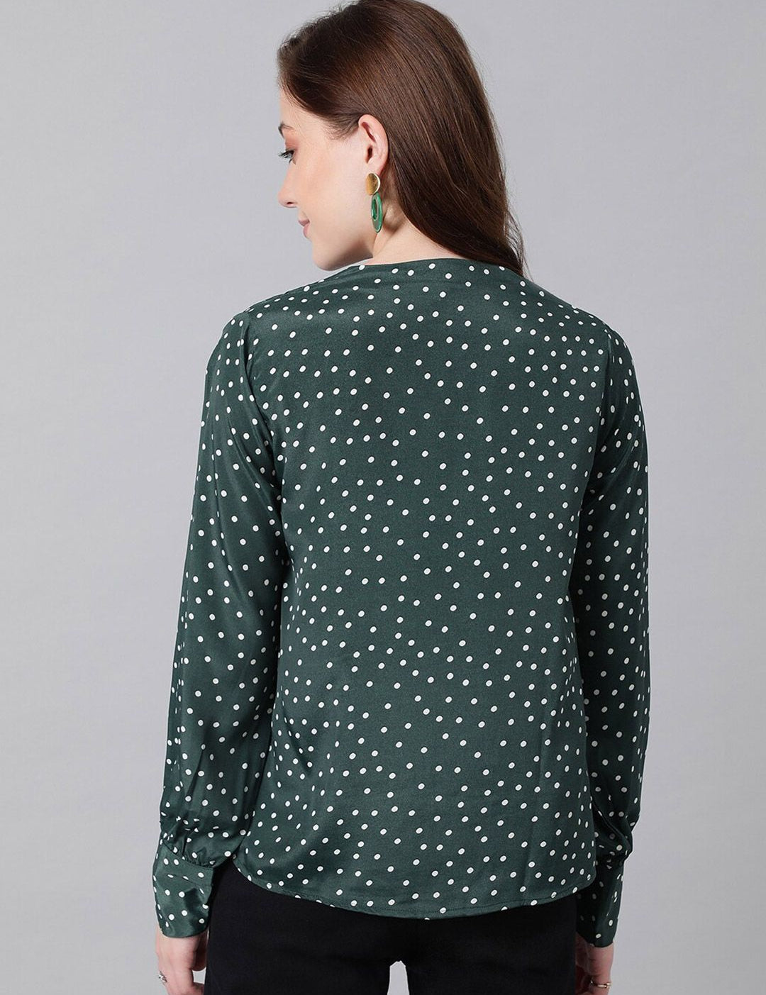 Kotty Green & White Polka Dot Print V-Neck Cuffed Sleeves Satin Crepe Top