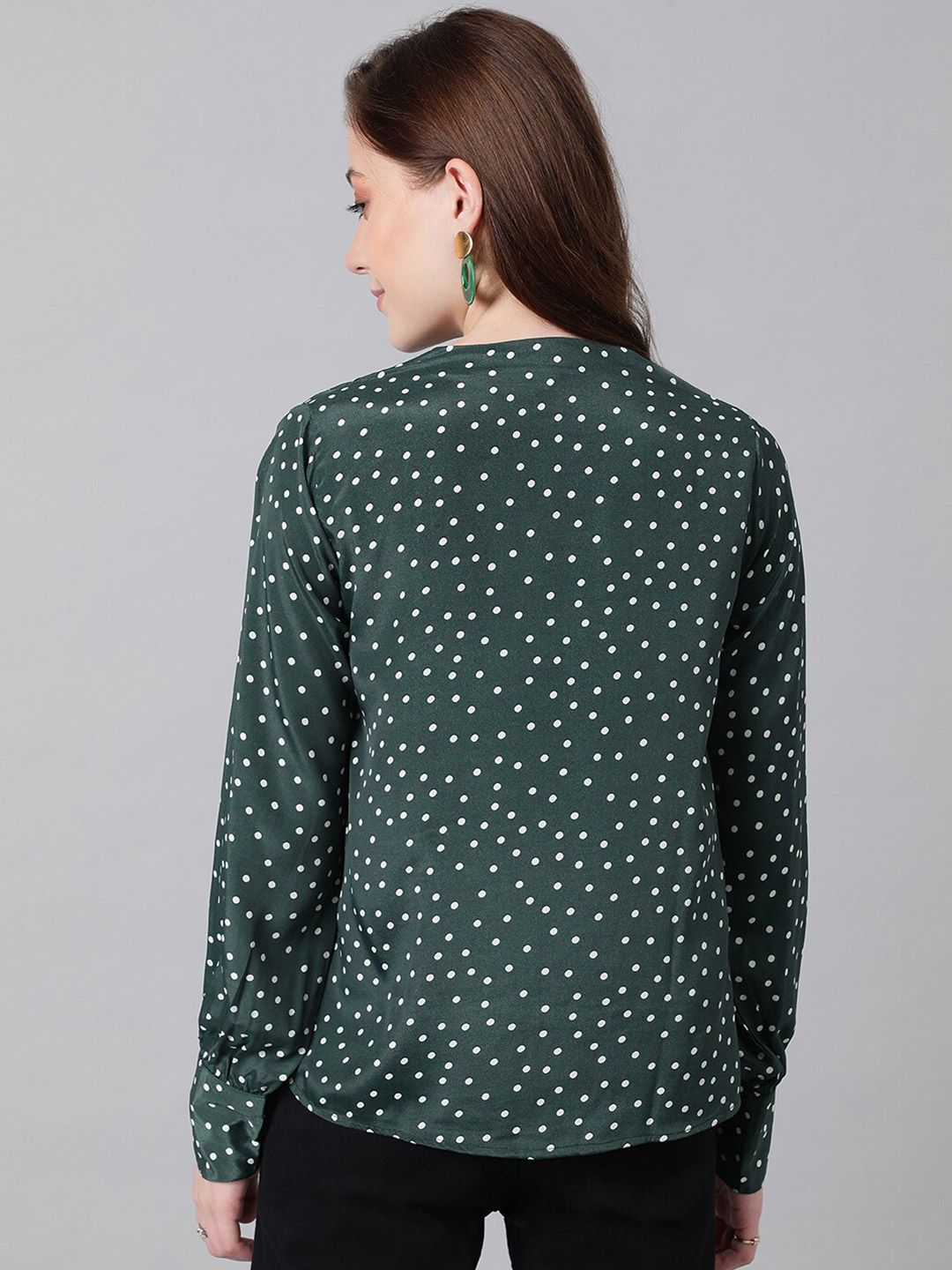 Kotty Green & White Polka Dot Print V-Neck Cuffed Sleeves Satin Crepe Top