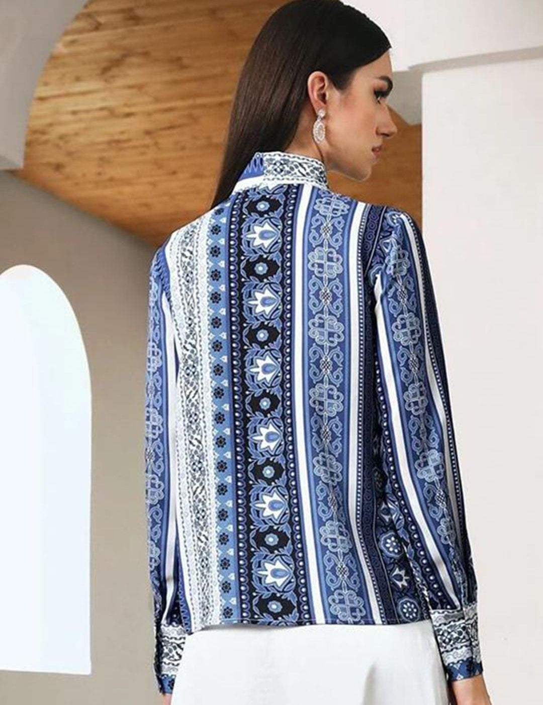 Kotty Print Tie-Up Neck Crepe Shirt Style Top