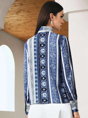 Kotty Print Tie-Up Neck Crepe Shirt Style Top