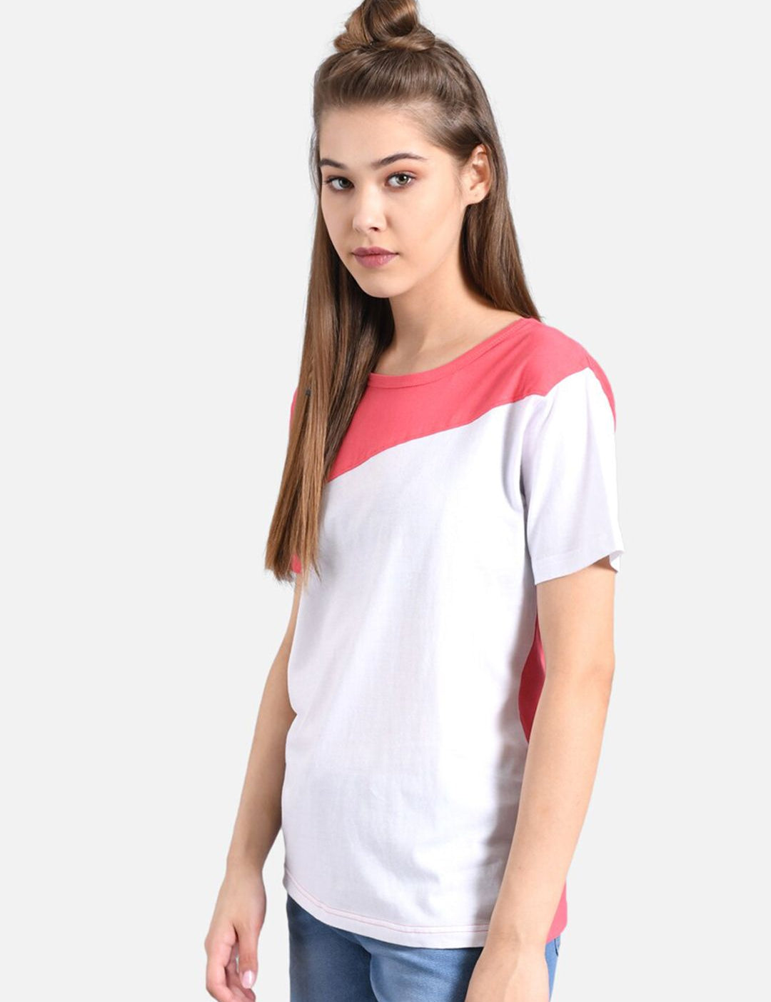 Kotty Women White & Pink Colourblocked Round Neck T-shirt