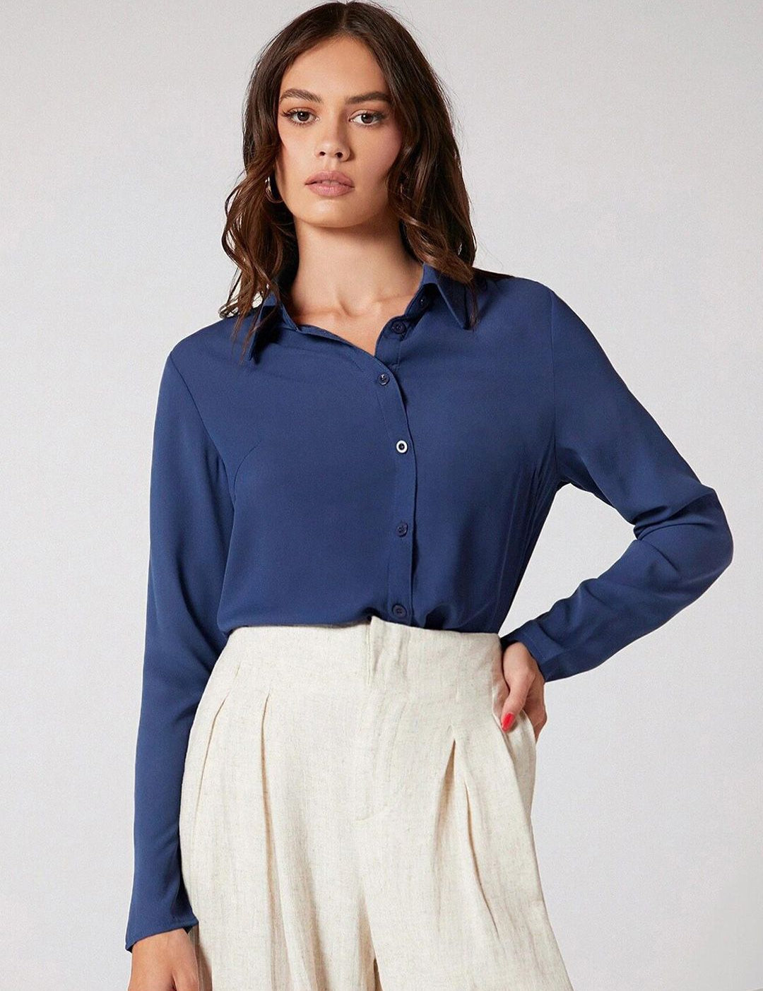 Kotty Navy Blue Modern Spread Collar Casual Shirt