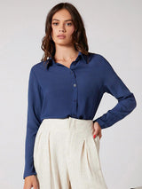 Kotty Navy Blue Modern Spread Collar Casual Shirt