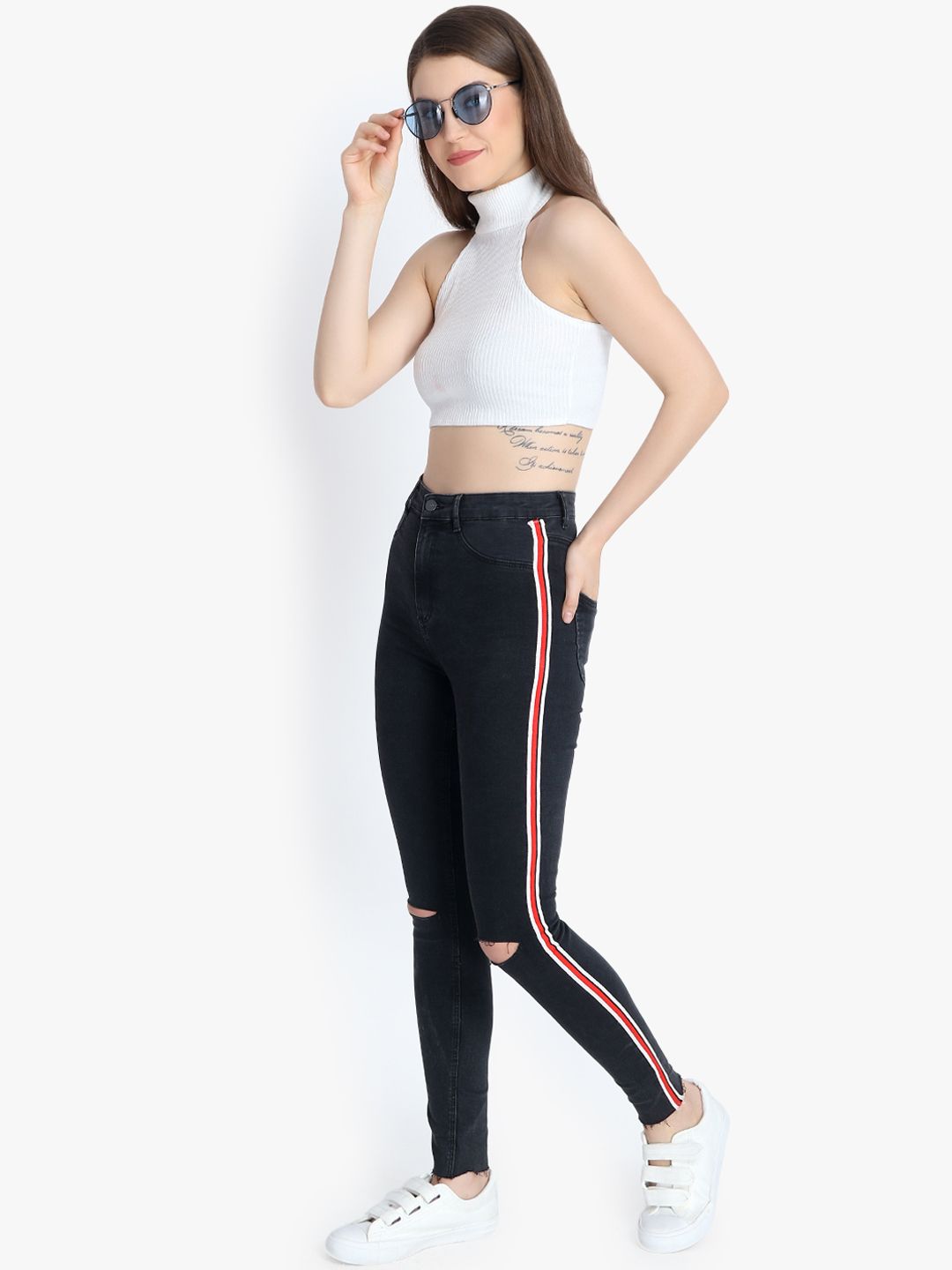 Kotty Women Black Skinny Fit High-Rise Slash Knee Jeans