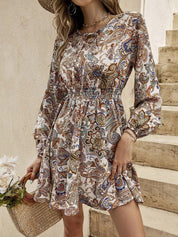 Kotty Ethnic Motifs Printed Tie-Ups Puff Sleeves Fit & Flare Dress