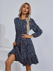 Kotty Navy Blue Floral Print Puff Sleeve Fit & Flare Dress