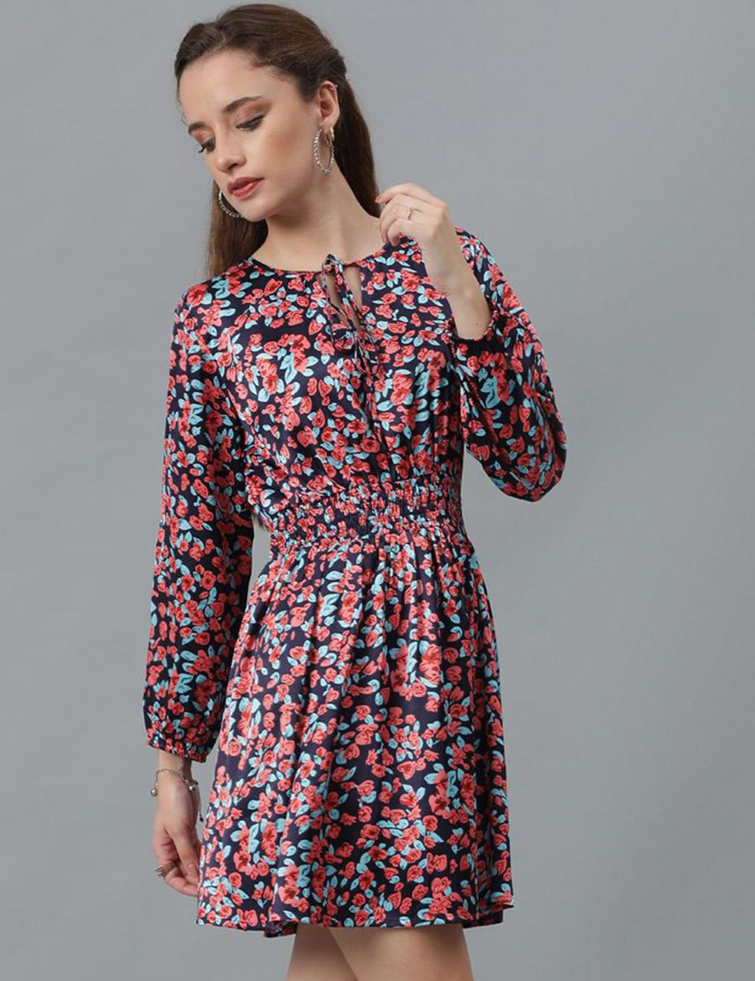 Kotty Black Floral Printed Tie-Up Neck Puff Sleeves Fit & Flare Dress
