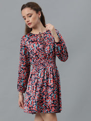 Kotty Black Floral Printed Tie-Up Neck Puff Sleeves Fit & Flare Dress