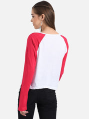 Kotty Women White & Red Colourblocked Boat Neck T-shirt