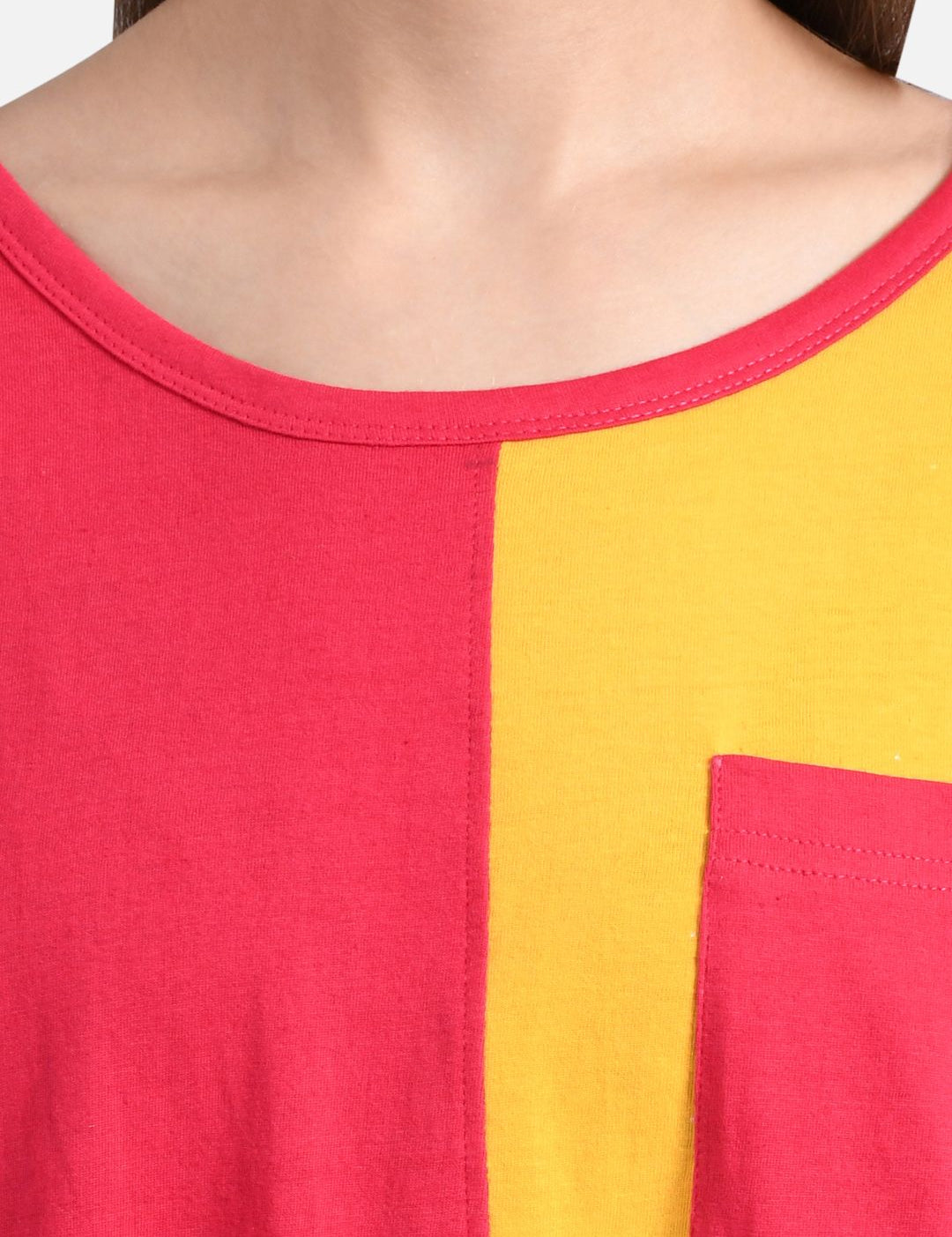 Kotty Women Pink & Yellow Colourblocked Round Neck T-shirt