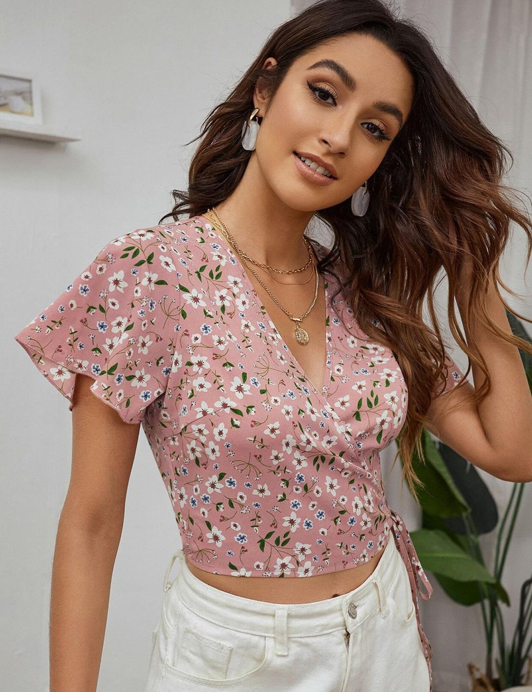 Kotty Floral Printed Flared Sleeves Wrap Crop Top