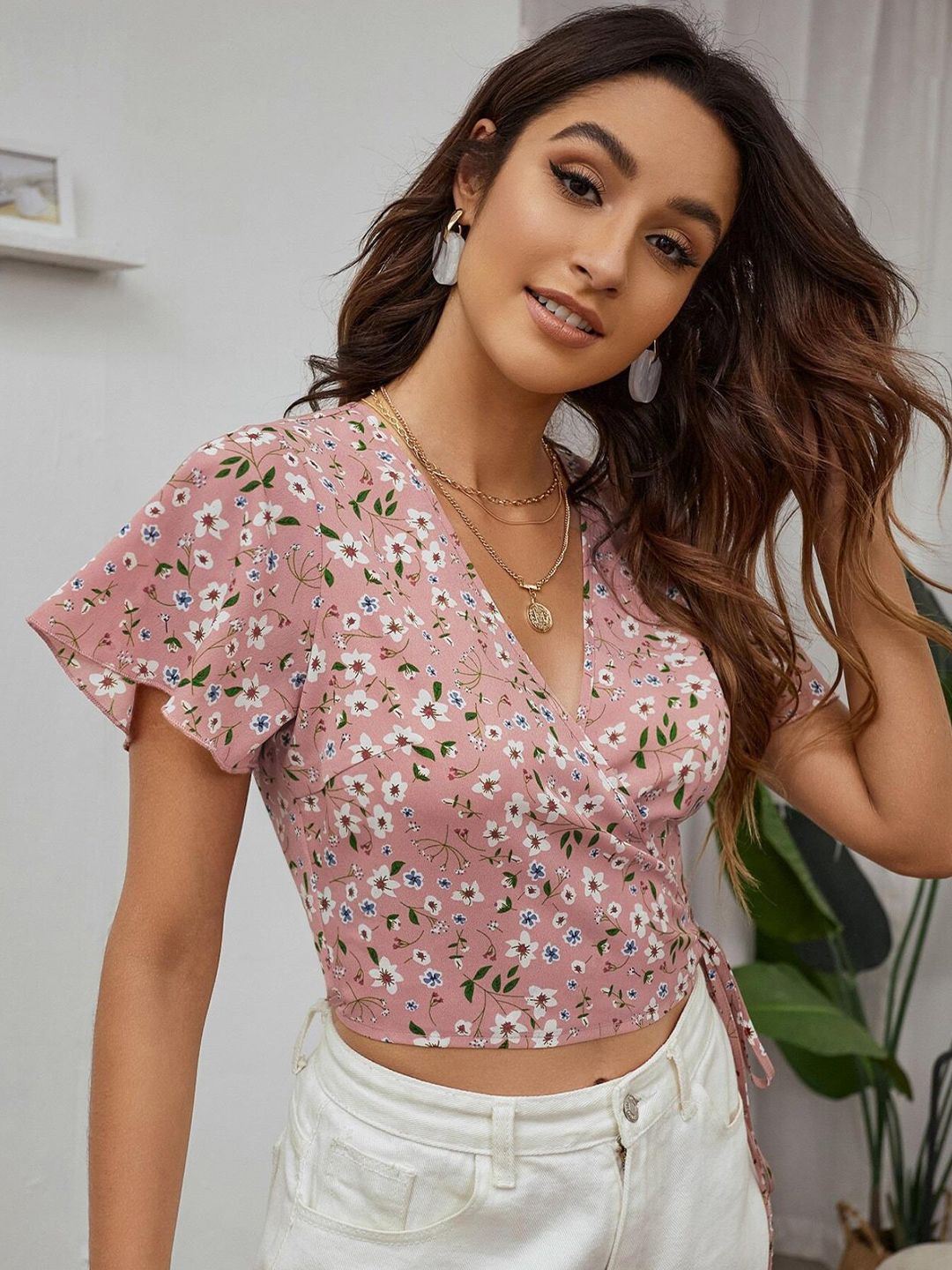 Kotty Floral Printed Flared Sleeves Wrap Crop Top