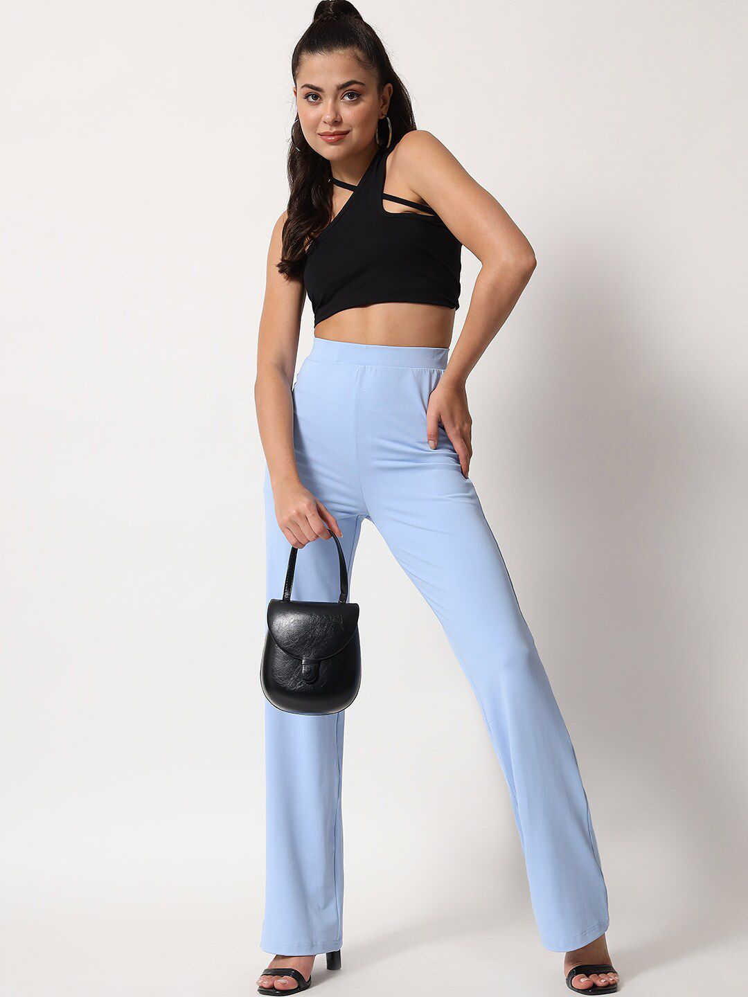 Kotty Women Blue Relaxed Straight Leg Straight Fit High Rise Easy Wash Trouser