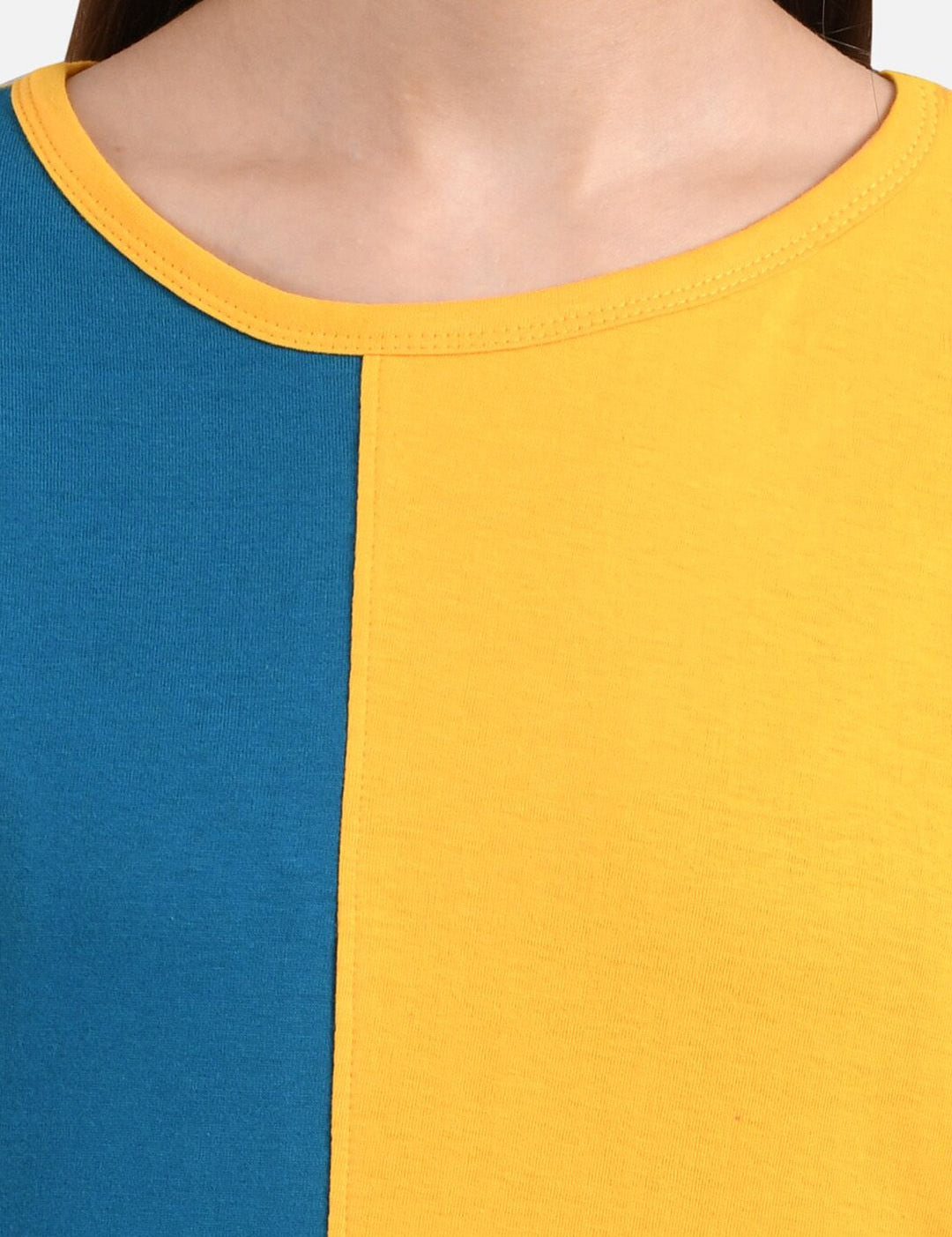 Kotty Women Yellow & Navy Blue Colourblocked Round Neck T-shirt