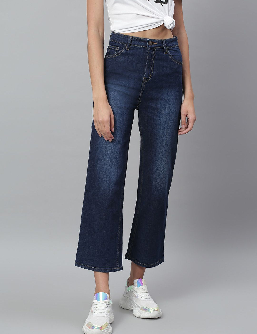 Kotty Women Navy Blue Light Fade Clean Look Flared Jeans