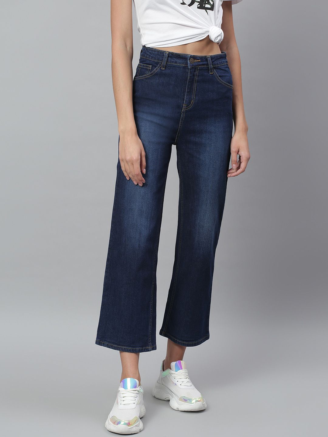 Kotty Women Navy Blue Light Fade Clean Look Flared Jeans