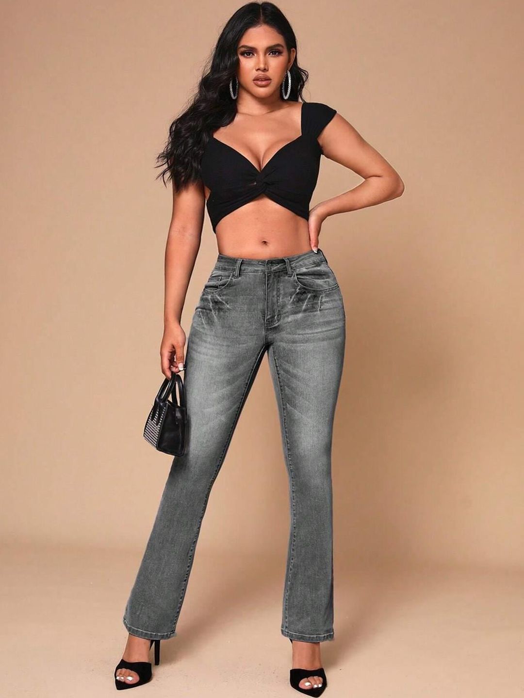 Kotty Women Jean Flared High-Rise Low Distress Heavy Fade Cotton Stretchable Jeans