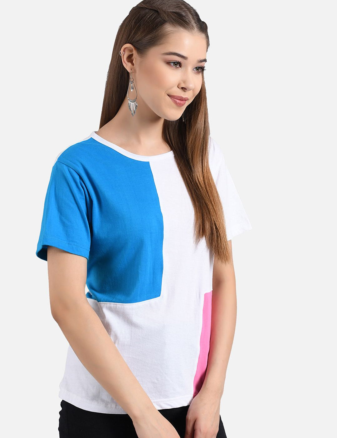 Kotty Women White & Blue Colourblocked T-shirt