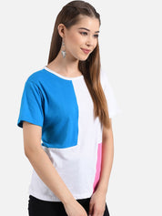 Kotty Women White & Blue Colourblocked T-shirt