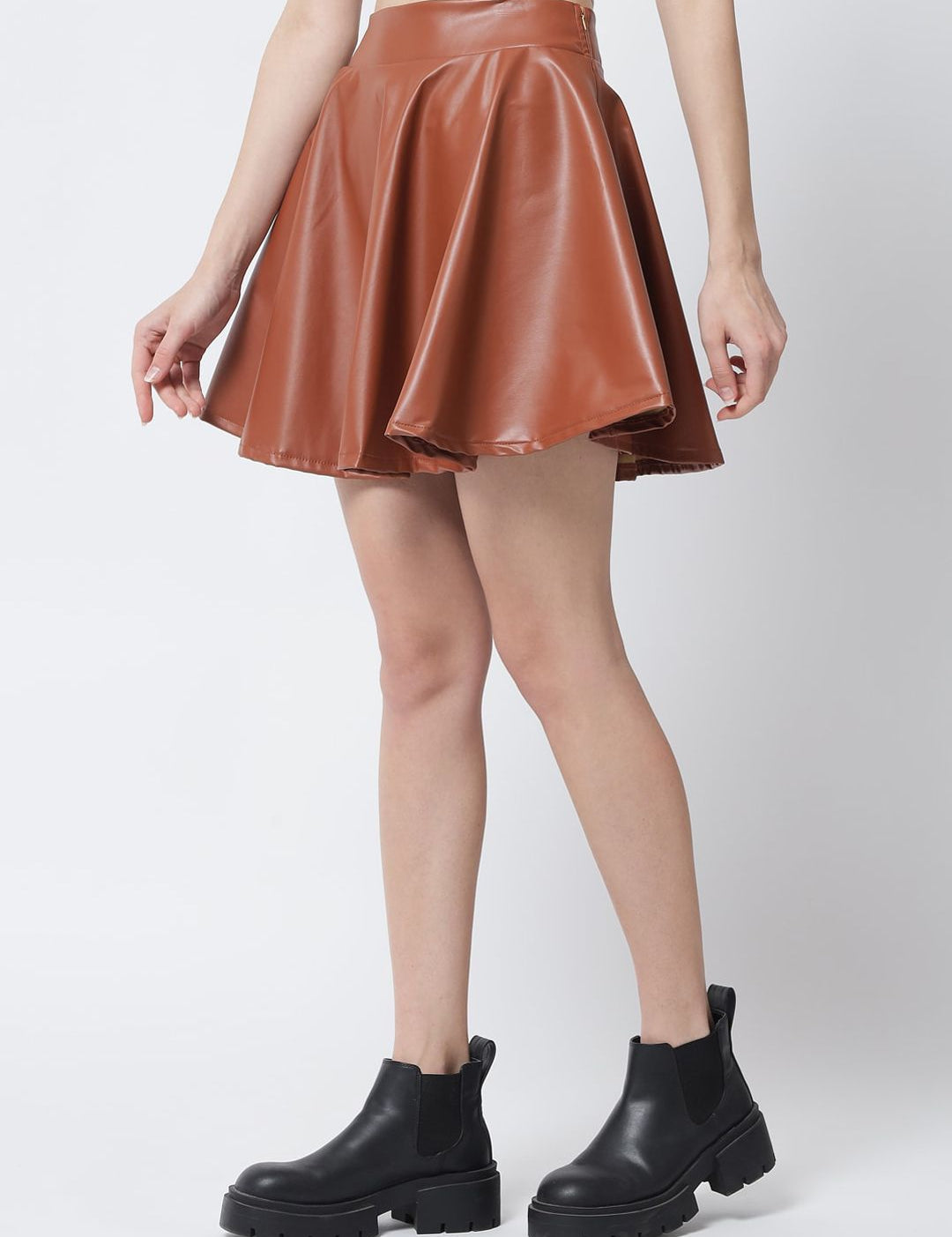 Kotty Women Brown Solid Flared Leather Mini Skirt