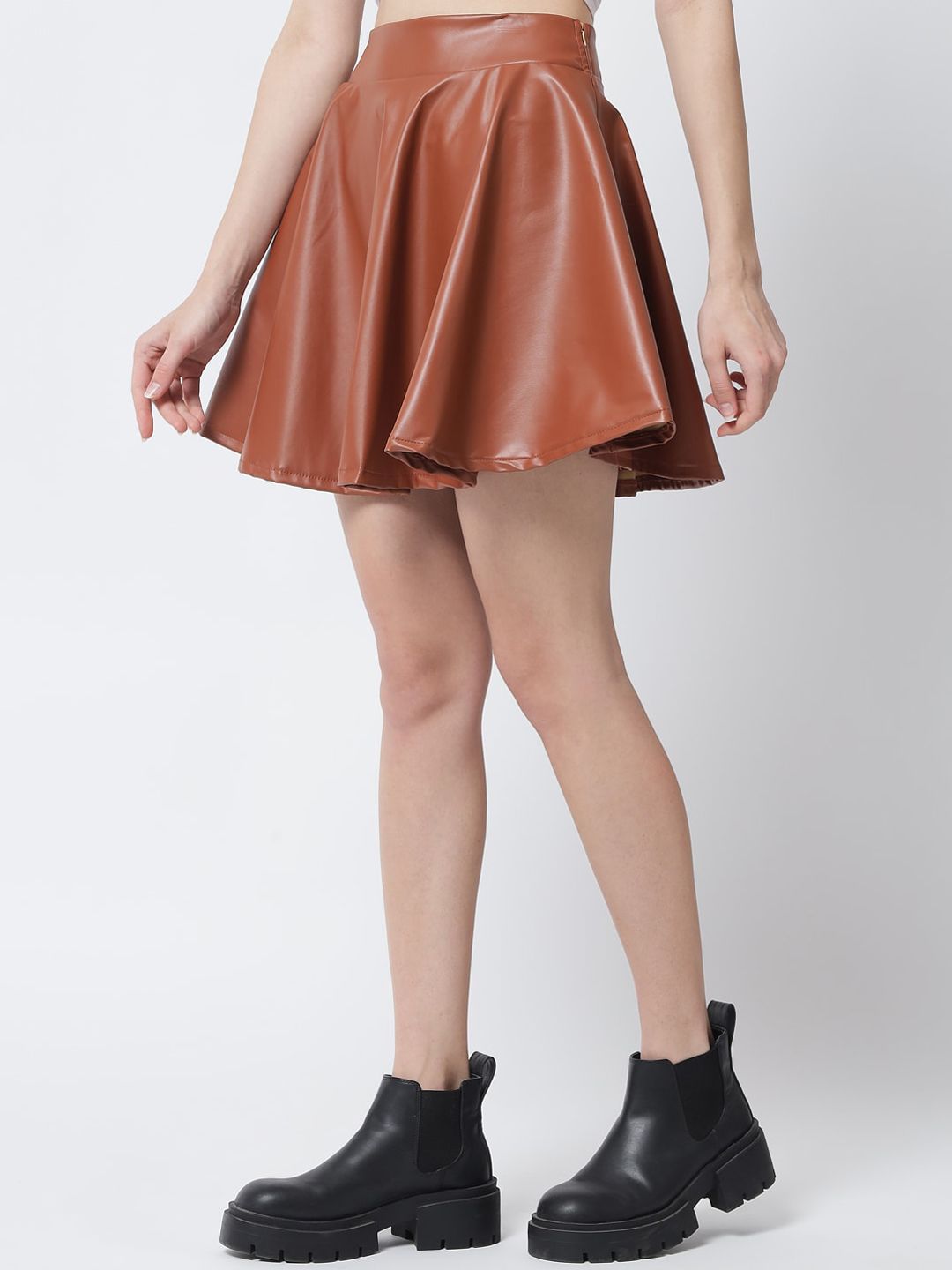 Kotty Women Brown Solid Flared Leather Mini Skirt