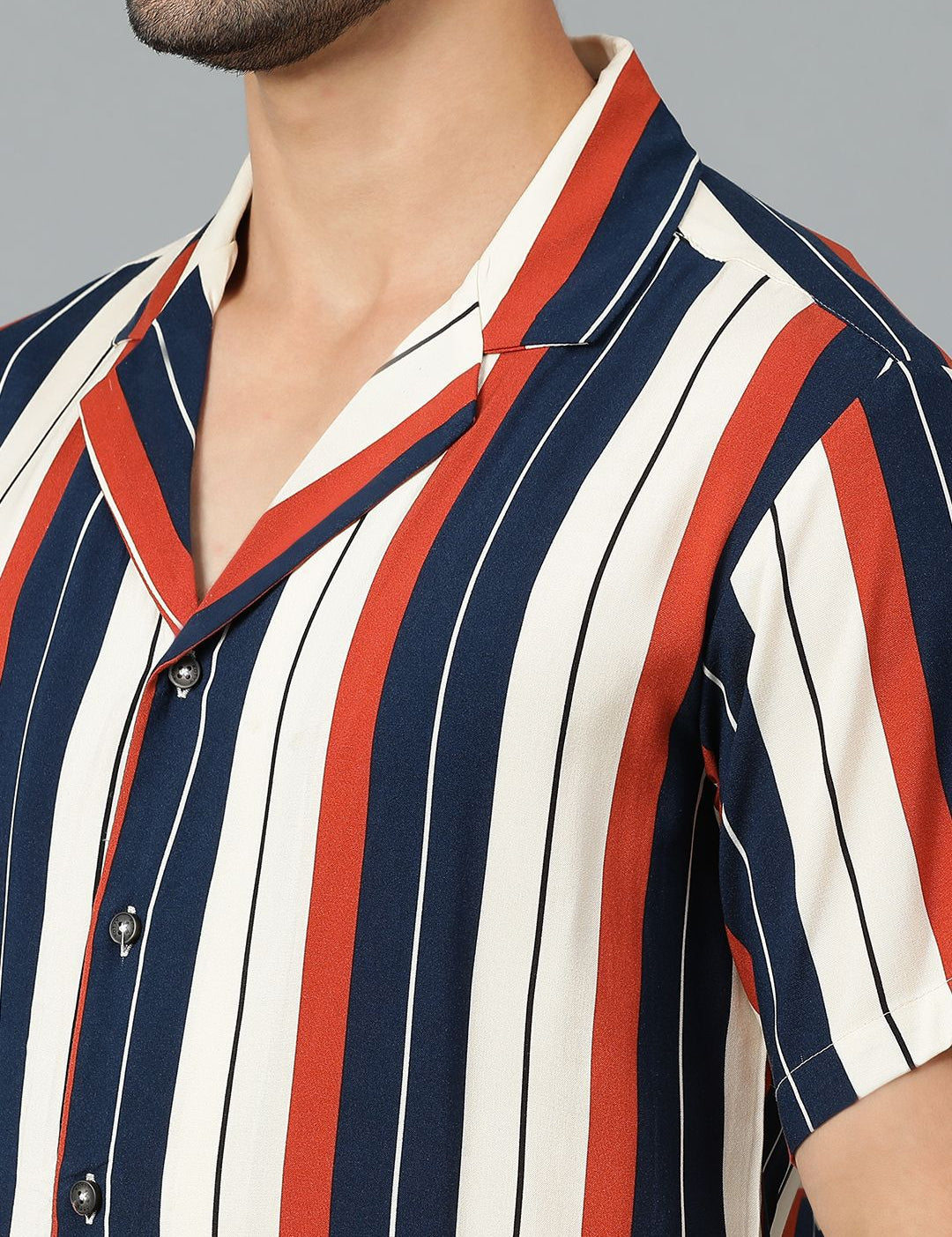 Kotty Men Cuban Collar Striped Casual Shirt
