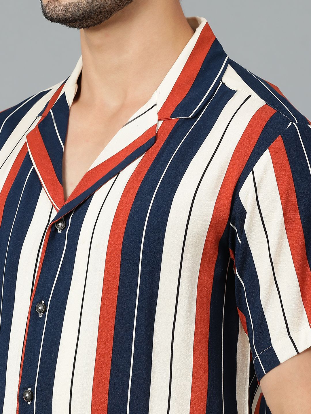 Kotty Men Cuban Collar Striped Casual Shirt