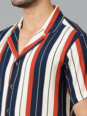 Kotty Men Cuban Collar Striped Casual Shirt