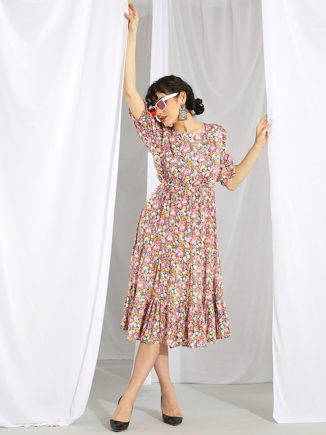 Kotty Pink & Green Floral Printed Puff Sleeves Fit & Flare Midi Dress