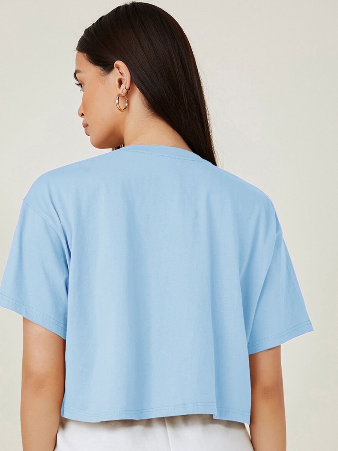 Kotty Round Neck  Drop-Shoulder Sleeves Graphic Printed Oversized Crop T-shirt