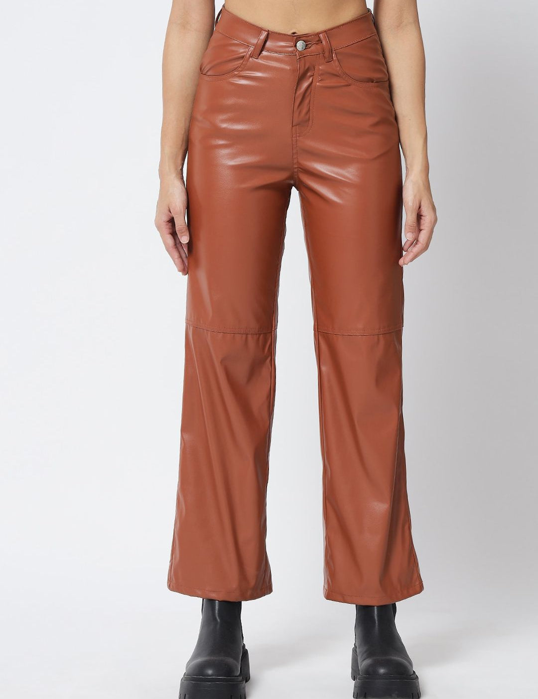 Kotty Women Brown Solid Relaxed Straight Fit Leather Trousers