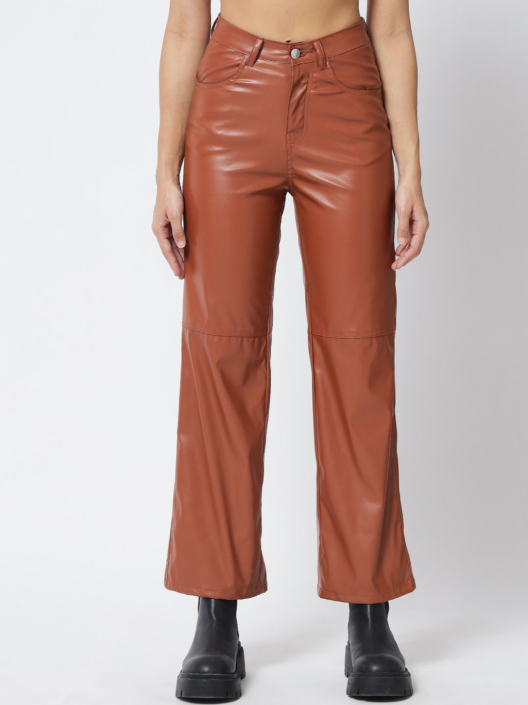 Kotty Women Brown Solid Relaxed Straight Fit Leather Trousers