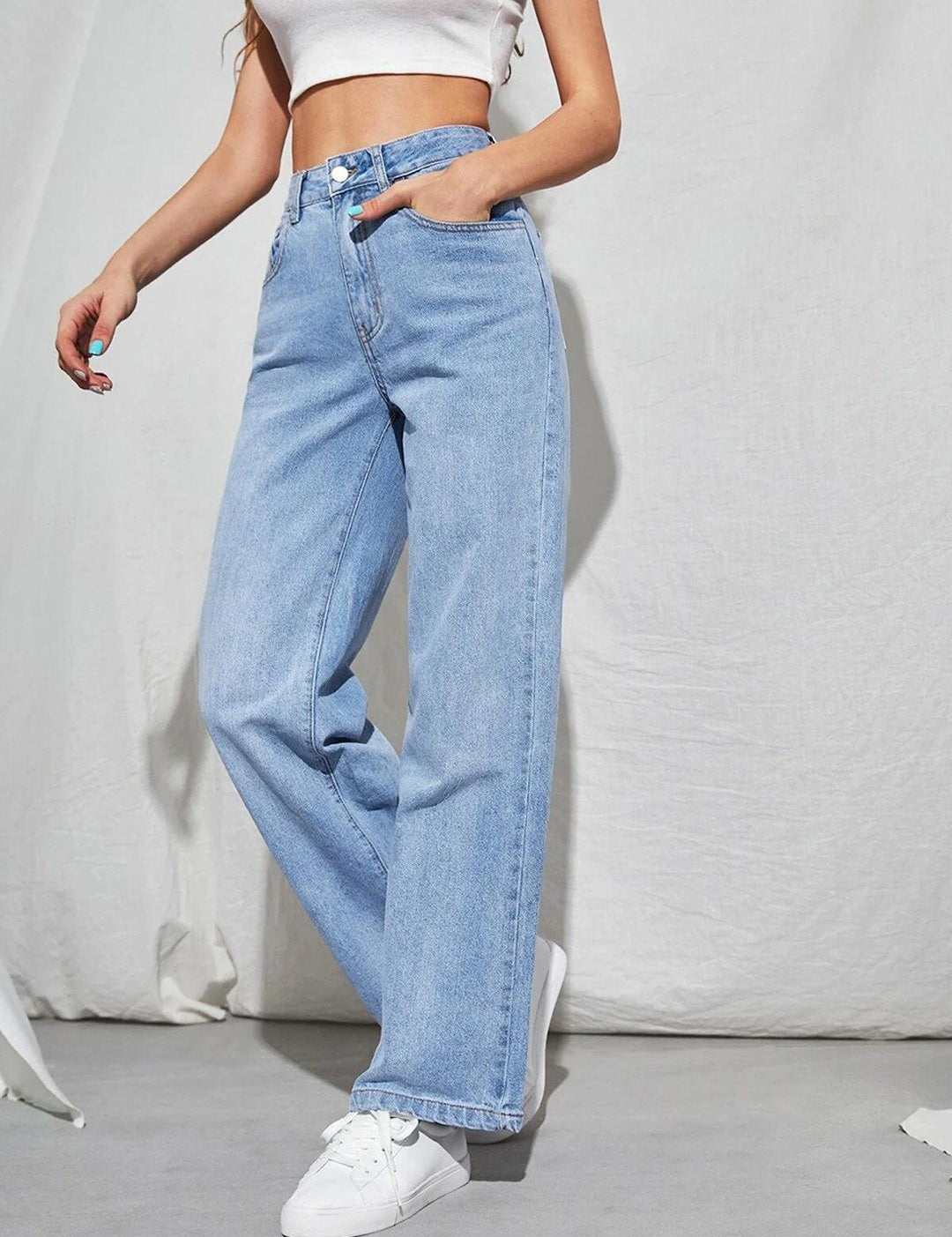 KOTTY Basics Blue Women Jean Straight Fit High-Rise Heavy Fade Stretchable Jeans