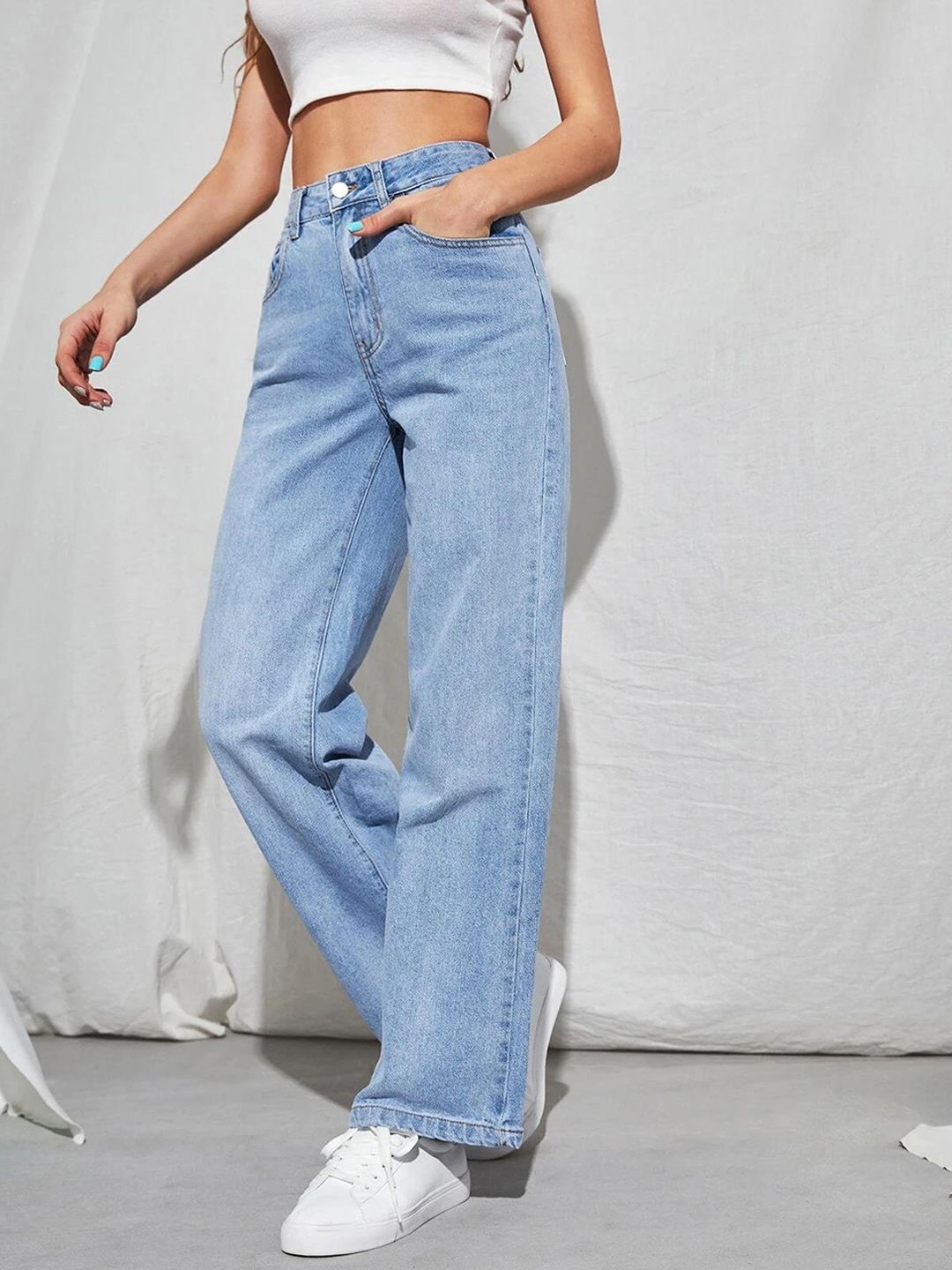 KOTTY Basics Blue Women Jean Straight Fit High-Rise Heavy Fade Stretchable Jeans