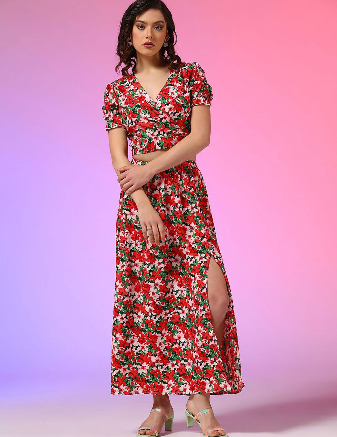 Kotty Red Floral Printed V-Neck Top With Skirt