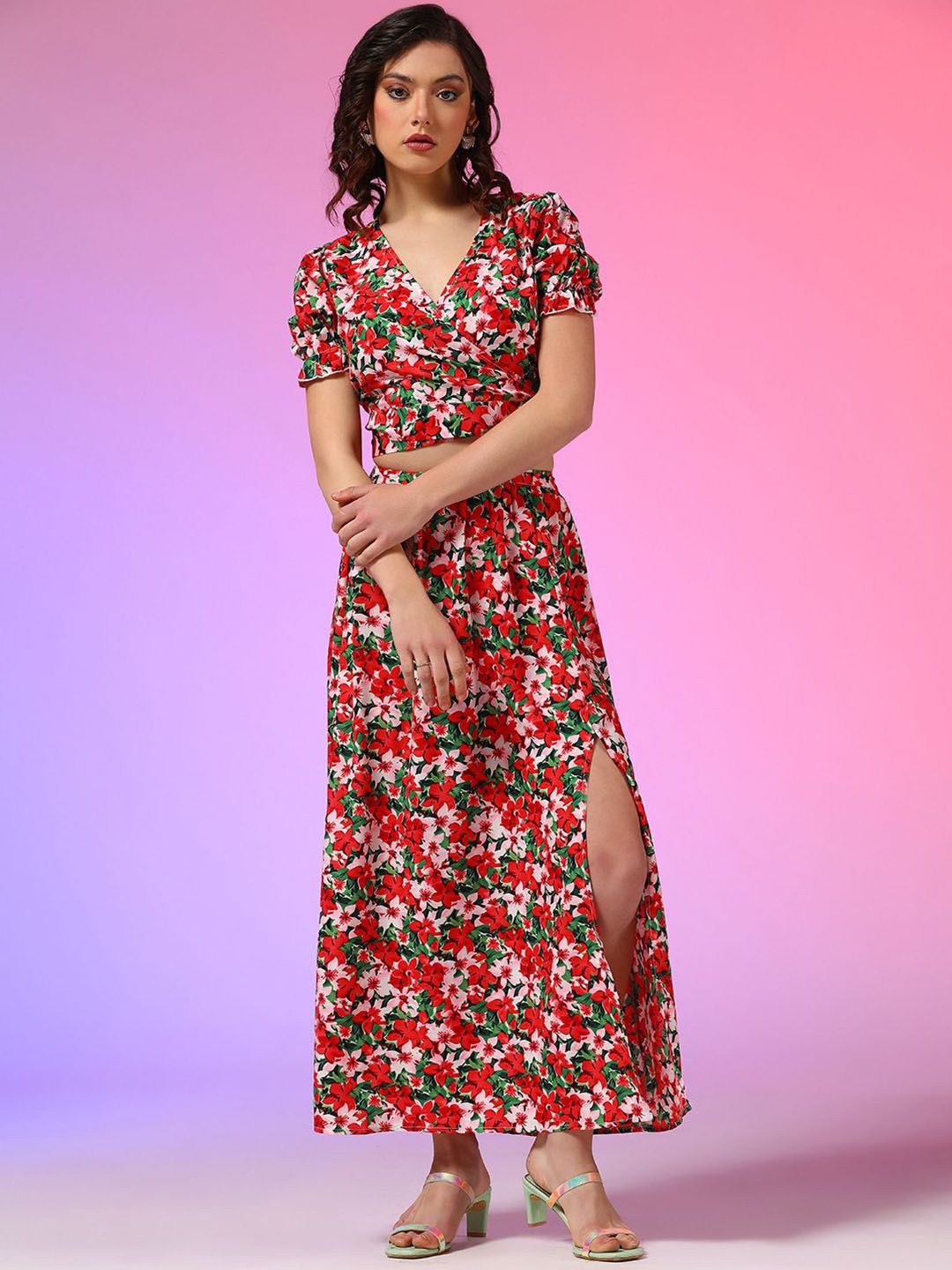Kotty Red Floral Printed V-Neck Top With Skirt