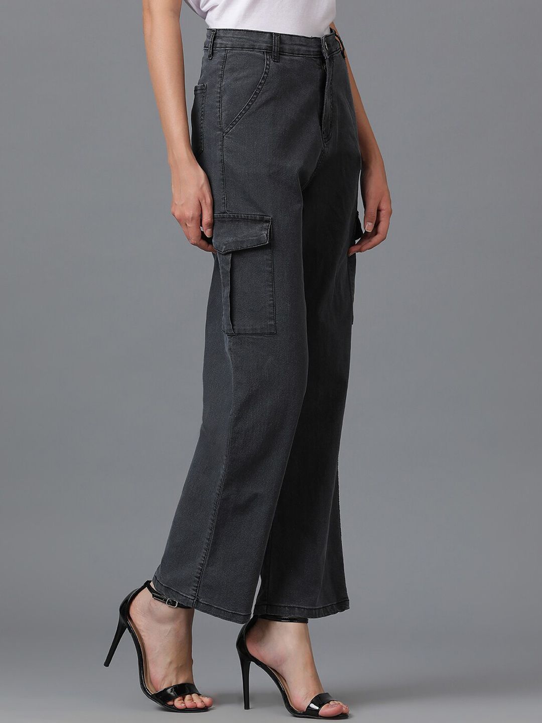 Kotty Women Black Jean Straight Fit High Rise Cargo Stretchable Jeans