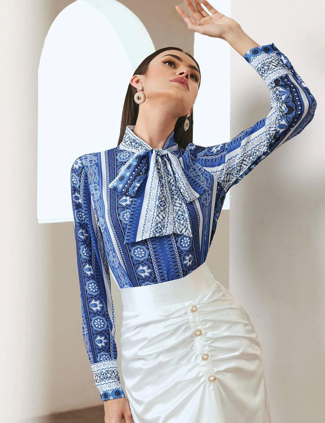 Kotty Floral Print Tie-Up Neck Crepe Shirt Style Top