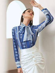 Kotty Floral Print Tie-Up Neck Crepe Shirt Style Top