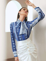 Kotty Floral Print Tie-Up Neck Crepe Shirt Style Top
