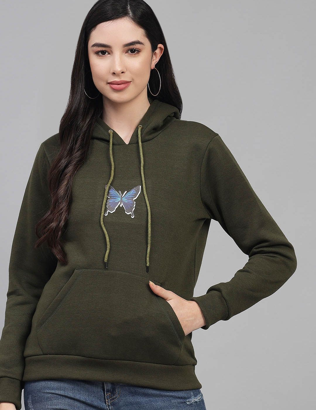 Kotty Women Olive Green Printed Hooded Sweatshirt