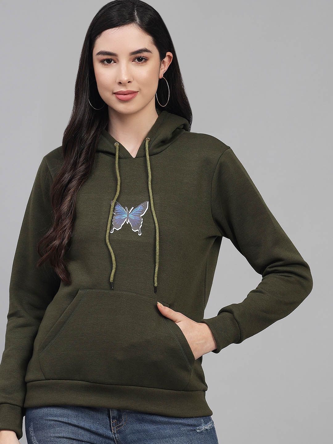 Kotty Women Olive Green Printed Hooded Sweatshirt