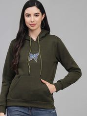 Kotty Women Olive Green Printed Hooded Sweatshirt