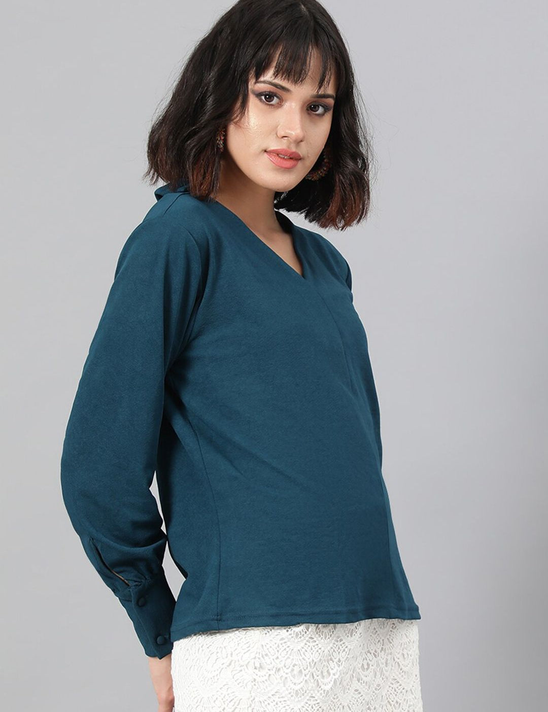 Kotty Green V-Neck Cuffed Sleeves Top