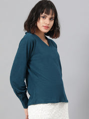 Kotty Green V-Neck Cuffed Sleeves Top