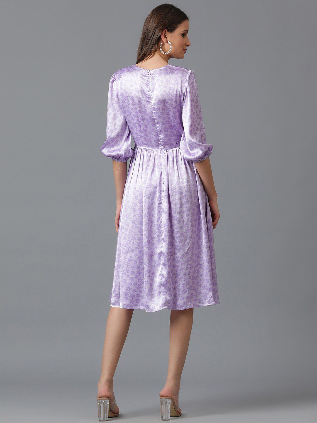 Kotty Lavender Floral Printed Satin Fit & Flare Mini Dress
