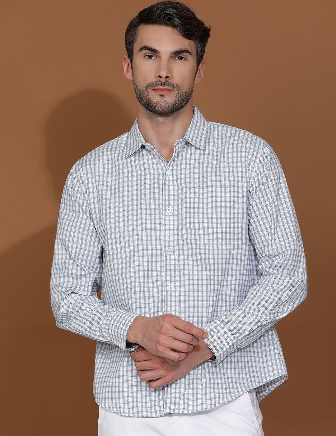 Kotty White & Blue Gingham Checks Printed Spread Collar Casual Shirt