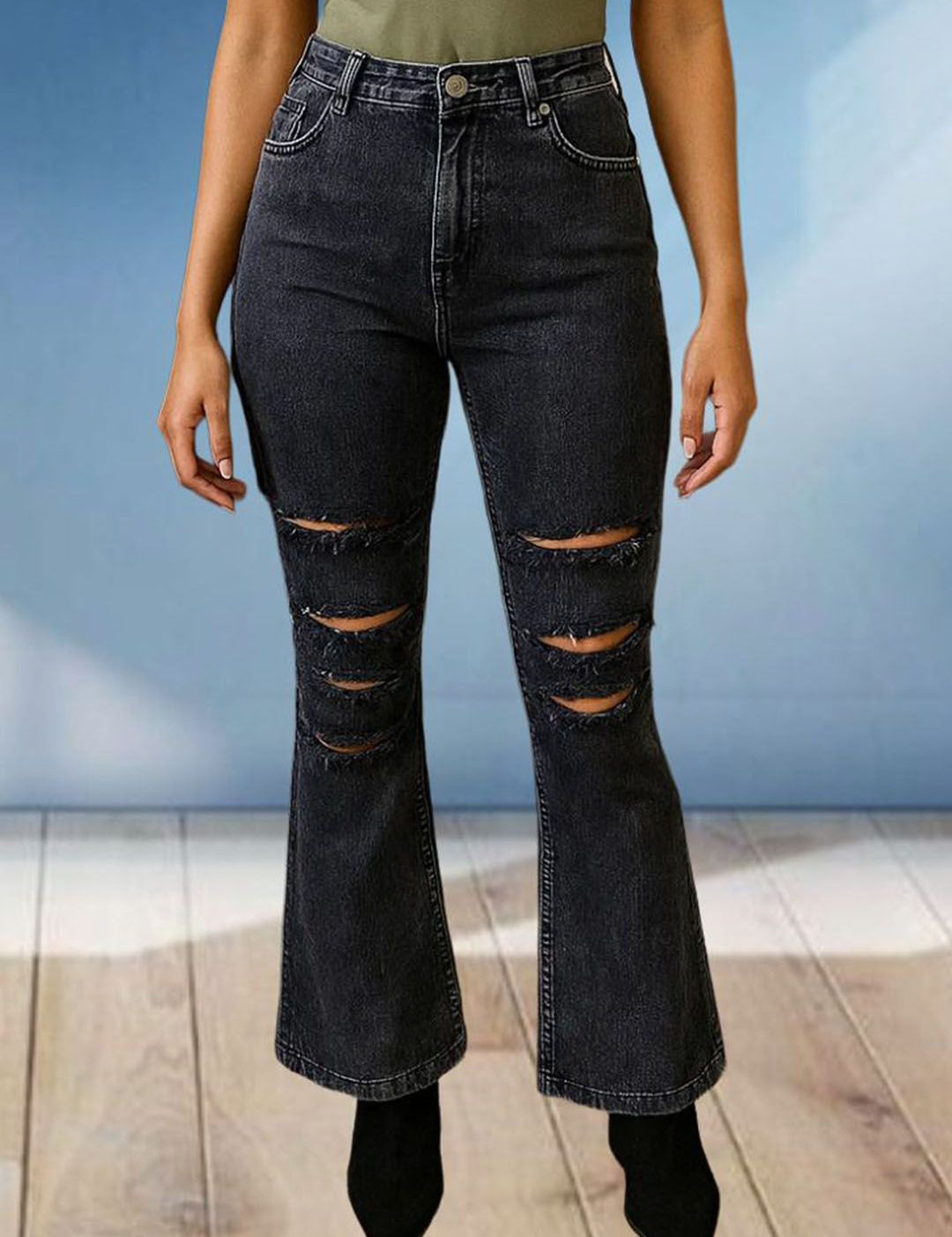 Kotty Women Relaxed Fit High-Rise Cotton Highly Distressed Flared Stretchable Jeans