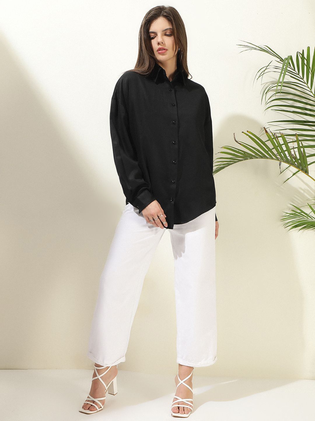 Kotty Women Comfort Spread Collar Solid Cotton Oversized Casual Shirt